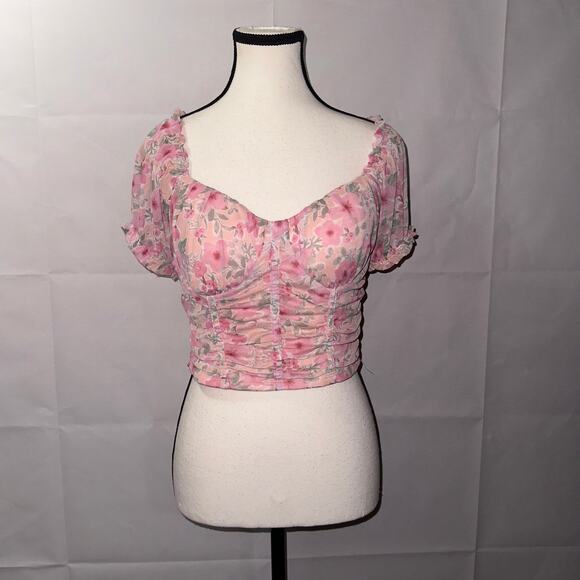 Madden NYC Floral Print Puff Sleeve Crop Top women’s size large - Picture 4 of 8